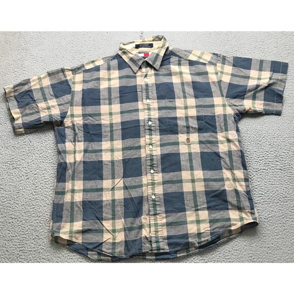 Vintage Tommy Hilfiger Button Up Shirt Mens XL Plaid Check Logo Navy Brown Gray - Picture 1 of 8